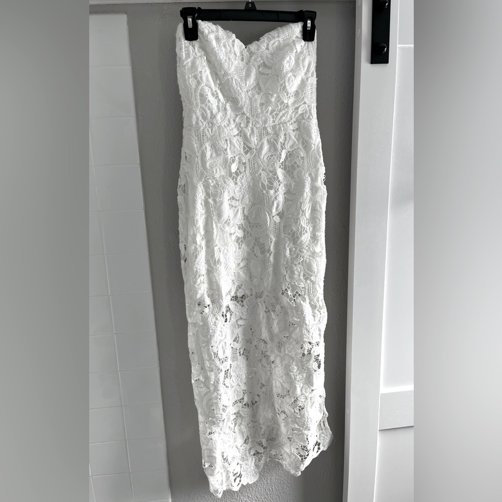 White with clear sequins & lace midi fitted gown- perfect for bridal era!